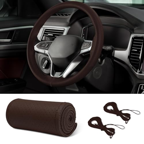 Leather Steering Wheel Cover Lace Up, Car Wheel Cover, Universal Car Steering Wheel Protector with Needle Thread, 15 inch Steering Wheel Wrap Car Interior Accessories for Car Truck(Coffee, Hole) - color: Coffee, size: 15 inch - Hole