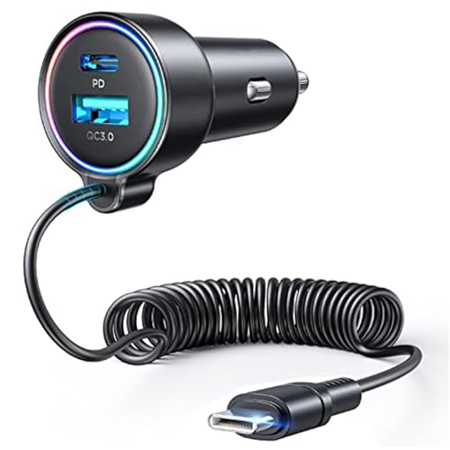 USB C 90W Car Charger for iPhone 17/16 Pro Max, PD & QC3.0 w/5 ft 45W Type Coiled Cable, Fast Car Phone Charger Adapter for iPhone 17Air/15 Pro, Samsung Galaxy S25/S24/S23, Pixel 10/LG/Android, iPad - color: Black - 5 FT