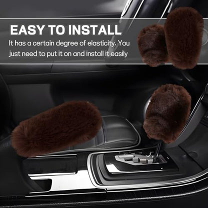 Hovom 2PCS Fluffy Car Gear Shift Knob Cover & Handbrake Cover, Soft Plush Hand Brake Handle & Gear Shift Cover for Women Girls, Universal Comfortable Warm Furry Car Accessories (Coffee) - color: Coffee