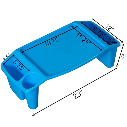 Basicwise Activity Desk Table with Built-in Cup Holder & Storage Compartments Multipurpose Lap Tray for Home Learning Art Activities Snack Time Reading & Floor-Based Task Raised-Leg Design, Blue