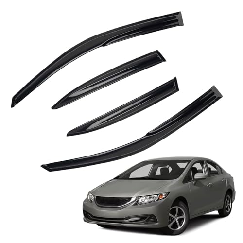 4pcs JDM 3D Wavy MU Style Window Visors Compatible with 2001-2005 Honda Civic 4-Door Sedan, Front+Rear Left+Right Outside Mount Type Dark Smoke Tint Tape-On Side Sun Rain Guards Set of 4 - size: 2001-2005 Honda Civic