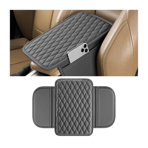 Car Armrest Cushion Pad, Leather Vehicle Center Console Cover with 2 Storage Bags, Non-Slip Automotive Interior Arm Rest Seat Box Cover Accessories, Universal for SUV RV Sedan (Silver Gray) - color: Silver Gray