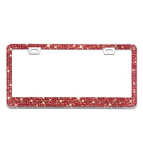 Bling License Plate Frame for Women, 1PCS Sparkly License Plate Frames| Over 1200 pcs 14 Facets Bedazzled Clear Glass Diamond Rhinestone Crystals w/Free Glitter Diamond Box (Red) - color: Red