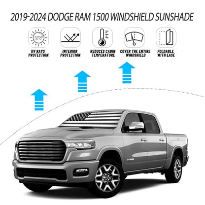 D-Lumina for 2019-2025 Dodge Ram 1500 Windshield Sun Shade, Front Window Sunshade American Flag Sun Visor Protector Block UV Rays Heat Fit Ram 1500 CrewCab, MegaCab Pickup, 2Dr RegularCab, 4Dr QuadCab - size: Silver & Black-Fit 2019-2025 Dodge Ram 1500