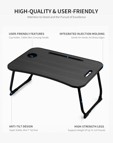 ZEAPTAC Laptop Bed Desk, Foldable Lap Desk, Portable Lap Table, Laptop Stand with Cup Holder & Tablet Slot & Lifting Handle for Working Writing Drawing & Eating - Black - color: Black