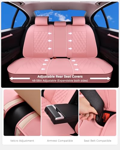 Huidasource Pink Seat Covers, Nappa Leather Car Seat Covers, Velcro Adjustable, Compatible with Airbags, Child Seat, Seat Belts, Fit for Most Cars, Vans, Trucks, SUVs (Full Set/Pink) - color: 01FS# Pink, size: 5pcs Full Set