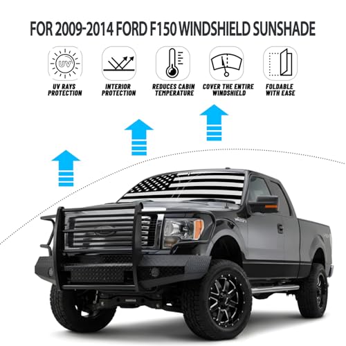 D-Lumina Windshield Sun Shade for 2009-2014 Fo'rd F150 Accessories, Front Window Sunshade American Flag Sun Visor Protector Sun Shield Blocks UV Rays Heat, Foldable 2 Layers 210T Material - size: Silver & Black-fit 2009-2014 Ford F150