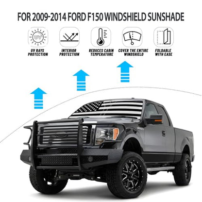 D-Lumina Windshield Sun Shade for 2009-2014 Fo'rd F150 Accessories, Front Window Sunshade American Flag Sun Visor Protector Sun Shield Blocks UV Rays Heat, Foldable 2 Layers 210T Material - size: Silver & Black-fit 2009-2014 Ford F150