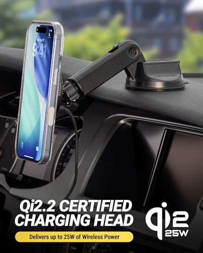 Scosche MPQTRWDA Qi2 MagSafe Car Mount Charger 25W Fast Wireless Magnetic Cell Phone Holder with Adjustable Arm for Windshield or Dashboard Compatible with iPhone 17/16/15/14/13/12 & Samsung S25 - style: Window / Dash Extendo Suction