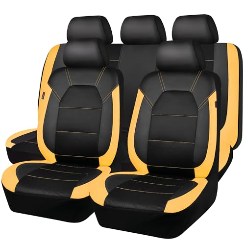 CAR PASS Leather Seat Covers, Breathable Universal Car Seat Cover Full Set for Cute Women Girly,5mm Composite Sponge Inside,Airbag Compatible Fits Most Auto,SUVs,Trucks,Vans(Full Set,Black&Yellow) - color: Black Yellow, size: Full Set