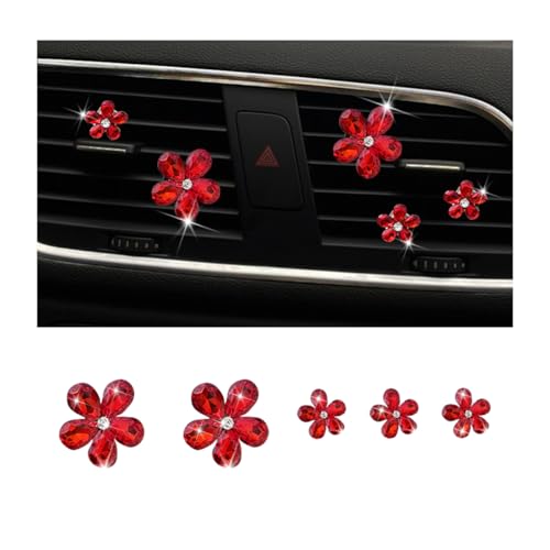 Zpana Bling Daisy Flower Car Air Vent Clips, 5PCS Sparkling Crystal Rhinestone Cute Vehicle Air Conditioning Clamp, Diamond Auto Air Outlet Clip Decor for Women Girls, Universal Fit (Red) - color: Red