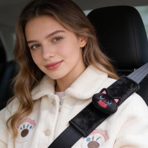 2 PCS Seat Belt Cover Pad, Cute Kawaii Animal Cat Seatbelt Covers for Kids, Soft Seatbelt Cushion, Car Seat Strap Pads (Black) - color: Black