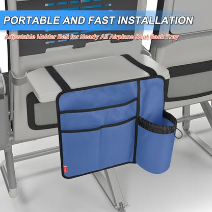 Airplane Seat Back Organizer & Storage, Airplane Tray Table Cover for Personal Items, Airline Seat Hanging Pockets Media Pouch,Reusable Travel Essentials,Fits Tablets,Cell Phone,Water Bottle (Blue) - color: Blue