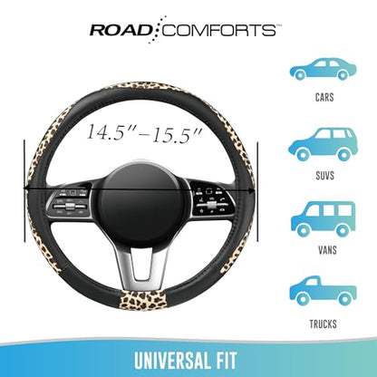 Road Comforts Steering Wheel Cover - Made with PVC Leather and Leopard Fabric - Universal 14 1/2 inches to 15 inches for Most Automotive Steering Wheel - Cheetah Print - Black - color: Round-Black
