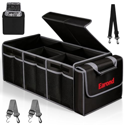 Collapsible Trunk Organizer with Insulated Leakproof Cooler Bag,Removable Lid,Adjustable Securing Straps,3 Compartments Trunk Organizer for SUV,Truck,Sedan(Grey & Black) - color: Black&Grey, size: With Cooler