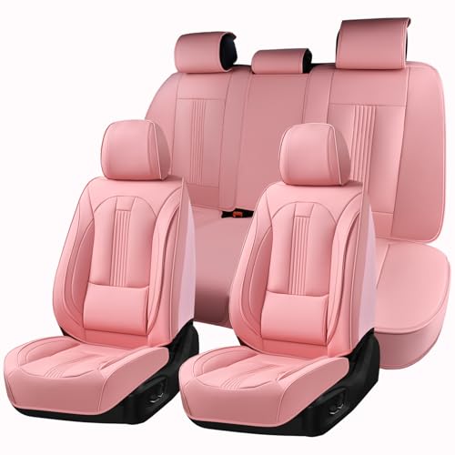 Huidasource Pink Seat Covers, Nappa Leather Car Seat Covers with Lumbar Support, Ventilation Holes, Velcro Adjustable, Airbag, Full-Coverage Seat Covers, Universal Fit for Most Cars SUV Trucks, Pink - color: FS# Pink, size: 5pcs Full Set