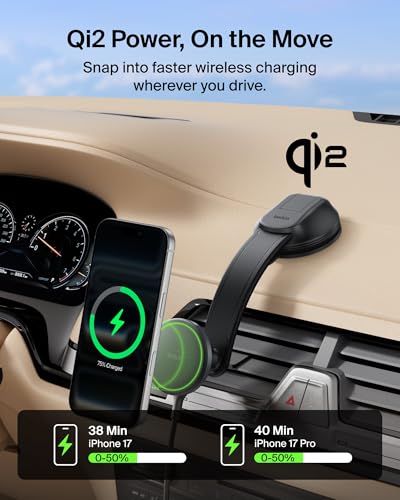 Belkin Wireless Car Charger, MagSafe Phone Holder & Car Dash Mount w/ 1M USB C Cable, Qi2 MagSafe Compatible Fast Charging iPhone Charger for iPhone 17, Galaxy S26, Pixel 10, Road Travelers, Black - style: Dash Mount