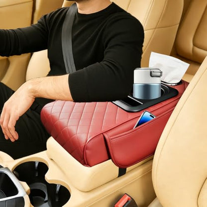 Car Center Console Armrest Box Mat, Nappa Leather Armrest Box Cover with Tissue Box, Cup Holder & Phone Holder, Middle Console Arm Rest Protection Pillow, Universal for Vehicles (Red) - color: Red