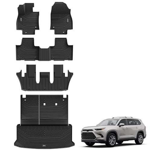 3W Floor Mats for 2024 2025 2026 Toyota Grand Highlander 7 Seat with Subwoofer (Include Hybrid), Trunk Mat Cargo Liner, and Seat Back Covers TPE All Weather, Black(Not for Hybrid MAX Model) - style: 2. Grand Highlander|24-26|Full Mats