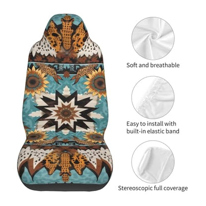 Car Seat Covers for SUV Truck Van Sedans Boho Sunflower Aztec Polyester Fabric Front Bucket Seat Cover Southwest Western Cow Teal Blue Car Accessories, Set of 2pcs - color: BOHO Sunflower