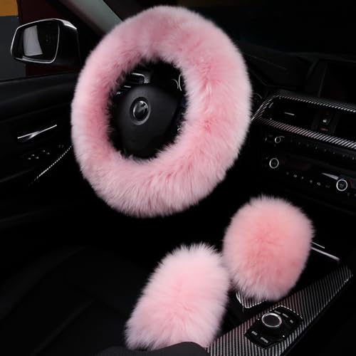 3Pcs Set Fashion Fluffy Fuzzy Wool Fur Soft Car Steering Wheel Cover with Handbrake Cover & Gear Shift Cover for Women/Girls/Ladies Auto Long Wool Accessories, Pink - color: Pink, size: Long Wool