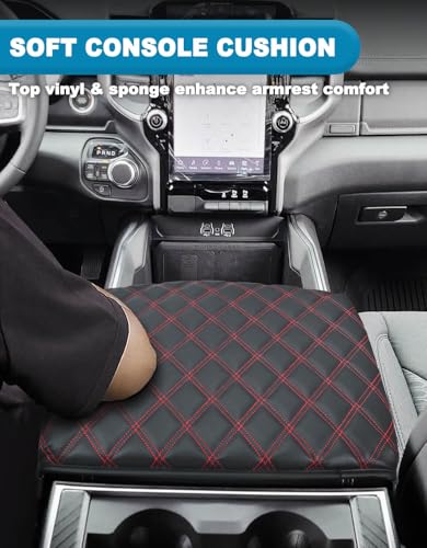 Center Console Cover for Dodge Ram 1500 2019-2026, Bucket Seat, Vinyl Leather Interior Accessories, Car Armrest Cushion Pad, Anti-Scratch, Black-Red Stitch - color: black-red stitch