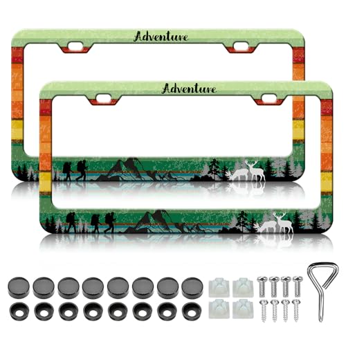 Adventure License Plate Frame - 2PCS Outdoor Hiking Mountain Deer Stainless Steel Metal License Plate Holder, Rust-Proof Waterproof Car Decorative Tag Frames - color: Adventure