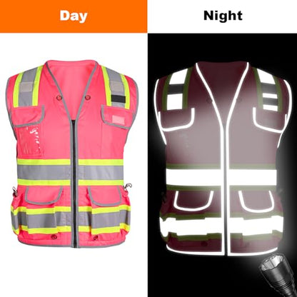 HYCOPROT Reflective Safety Vest Class 2 High Visibility Heavy Duty Construction Vest with Padded Neck,Meet ANSI/ISEA Standard - color: Pink, size: Small