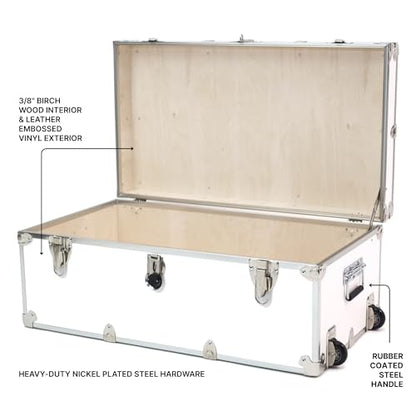 Rhino Trunk & Case Large Essential Trunk With Wheels 32”x18”x14”, 1000+ lbs Capacity - Many Colors. Strong, USA Made Summer Camp Footlocker, and Secure College Dorm Storage Chest - color: White