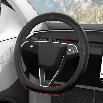 Ultra-Thin Nappa Leather Steering Wheel Cover for Tesla Model 3/Y 2016-2025, Non-Slip Textured Breathable Tesla Model 3/Y Steering Wheel Protector - color: Carbon Fiber