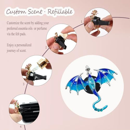 ORIESSE Bling Dragon Car Air Freshener Vent Clip,1pc Rhinestone Blue Dragon Car Decor,Cute Air Vent Clip Dashboard Decoration Accessory,Refillable Animal Diffuser