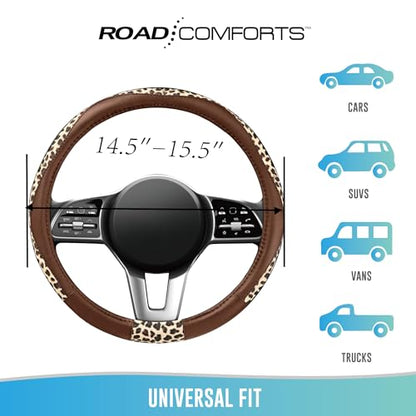 Road Comforts Steering Wheel Cover - Made with PVC Leather and Leopard Fabric - Universal 14 1/2 inches to 15 inches for Most Automotive Steering Wheel - Cheetah Print - Brown - color: Round-Brown