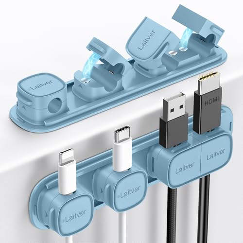 6 Pack Magnetic Cable Clips [1s Open/Lock], Laitver Cord Organizer Holder Strong Adhesive Desk Cable Management- Organize Charging Cords Neatly for Home, Office, Car,Desk, Nightstand-Peak Blue - color: Peak Blue