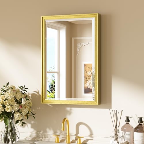 Keonjinn 16" x 24" Gold Bathroom Mirrors, Brushed Gold Framed Mirror, Beveled Tempered Glass, Shatterproof, Lightweight, Modern Farmhouse Rectangle Mirror for Decor, French Cleat Wall-Mounted Mirrors - color: Gold, size: 24"L x 16"W