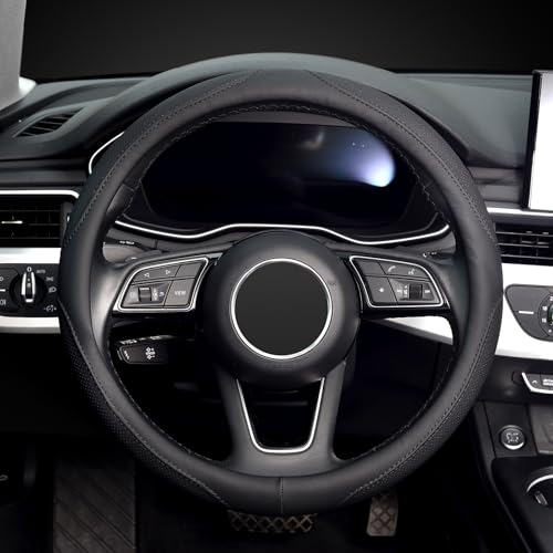 KAFEEK Black Steering Wheel Cover Men Women Universal 15 inch, Black Microfiber Leather, Odorless, Breathable, Durable Leather Cover with Anti-Slip Lining - color: black3