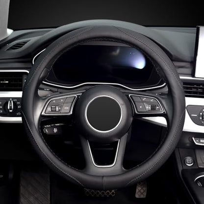 KAFEEK Black Steering Wheel Cover Men Women Universal 15 inch, Black Microfiber Leather, Odorless, Breathable, Durable Leather Cover with Anti-Slip Lining - color: black3