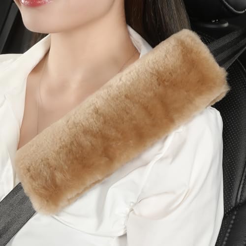 AOGELAN Fluffy Fuzzy Genuine Sheepskin Car Seat Belt Covers for Soft Auto Lambswool Seatbelt Pads, Shoulder Strap Cushion Adults Kids (2, Light Brown) - color: Light Brown