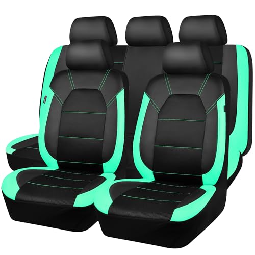 CAR PASS Leather Seat Covers, Breathable Universal Car Seat Cover Full Set for Cute Women Girly,Super 5mm Composite Sponge Inside,Airbag Compatible Fits Most Auto,SUVs,Trucks,Vans(Full Set,Black&Mint) - color: Black Mint, size: Full Set