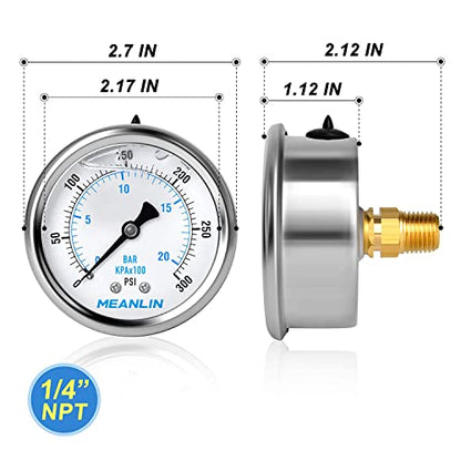 MEANLIN MEASURE 0~300Psi Stainless Steel 1/4" NPT 2.5" FACE DIAL Liquid Filled Pressure Gauge WOG Water Oil Air Center Back Mount, with 1/2" NPT and 3/8" NPT Hex Bushing - size: 0-300Psi