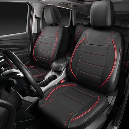 CAR PASS Universal FIT Piping Leather Two Front Seat Covers, Waterproof Faux Leather for SUV Sedan Van Truck, Airbag Compatible,Reserved Opening Holes for Headrest Covers. (Black red) - color: Black Red