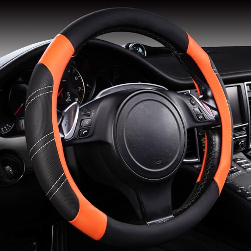 CAR PASS Line Rider Microfiber Leather Sporty Steering Wheel Cover Universal Fits for 95% Truck,SUV,Cars,14.5-15inch Anti-Slip Safety Comfortable Desgin (Black-Orange) - color: Black＆Orange, size: Standard[14.5"-15"]
