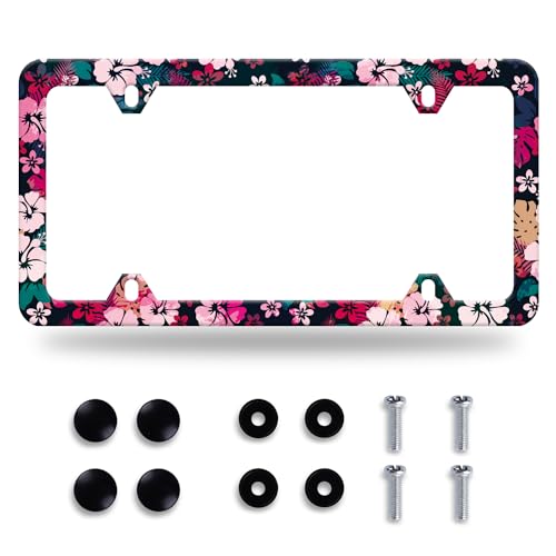 Red Pink Hibiscus License Plate Frame Colorful Tropical Floral License Plate Frames Stainless Steel Accessories Cars Decor with 4 Holes and Screws Fits Standard US CA Vehicles Size 12.2 x 6 Inches - color: Red pink tropical hibiscus