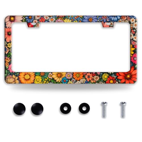 Colorful Hippie Daisy Flowers License Plate Frame Floral License Plate Funny Auto Accessory Bracket Stainless Steel License Plate Frames 6.3 x12.3 Inch for Women Men - color: Colorful Hippie Daisy
