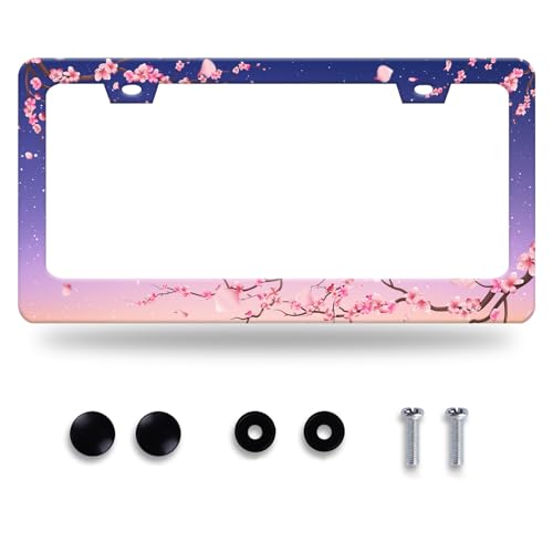 Cherry Blossom License Plate Frame Pink Flowers Floral License Plate Stainless Steel Funny License Plate Holder Women Car Accessories Decoration with Screws Fits Standard Vehicles Size 12.3" x 6.3" - color: Pink Cherry Blossom Flowers Floral