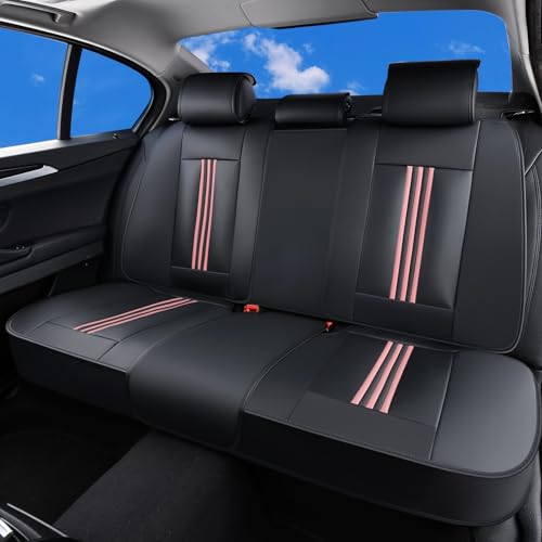 Huidasource Rear Car Seat Cover, Nappa Leather Rear Seat Cover with Ventilation Holes, Velcro Adjustable, Compatible with Seat Belts, Child Safety Seats, for Most Cars SUV Truck, Black＆ Pink - color: R# Black&Pink, size: Back Seat Cover