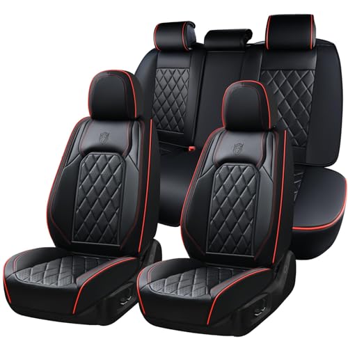 Coverado Car Seat Covers Full Set, Luxury Faux Leather Waterproof Seat Covers, Black Car Seat Covers, Universal Car Seat Protector Leather Car Seat Cushion, Carseat Cover Fit Most Cars, Black&Red - color: A-Black&Red, size: Fullset