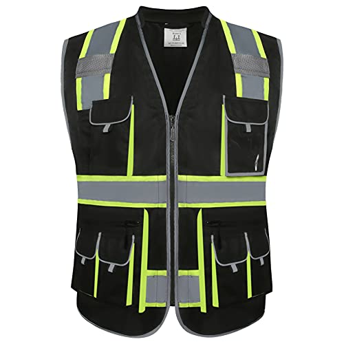 JKSafety 10 Pockets Hi-Vis Zipper Front Black Safety Vest | Cushioned Collar | High Reflective Tapes with Extended Neon Yellow Strips | Meets ANSI/ISEA Standards (Large, 89-Black) - color: Blackt1s1, size: Large