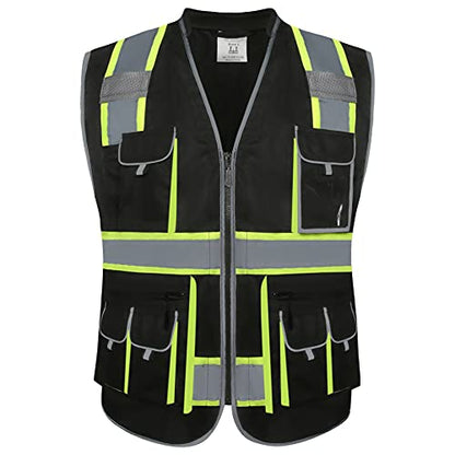 JKSafety 10 Pockets Hi-Vis Zipper Front Black Safety Vest Meets ANSI/ISEA Standards (Medium, 89-Black) - color: Blackt1s1, size: Medium
