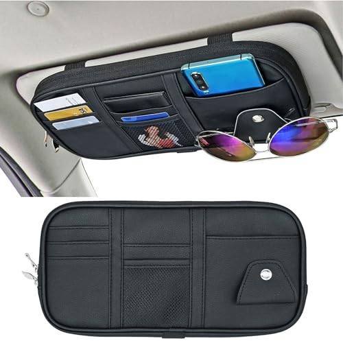 Da by Car Visor Organier Truck SUV Sun Visor Storage Pocket PU Leather Pouch Holder with Multi-Pocket Double Zipper Net Pocket, for Cards Pens Sunglasses Document (Black) - color: Black