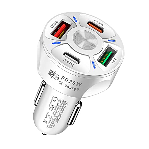 65W 4 Ports Car Fast Charging Charger Cigarette Lighter Adapter,with QC 3.0 15W&PD 20W&Type C Car Phone Charger for iPhone 14 13 12 Pro Max X Xs,S22 S21,iPad & Laptop (White) - color: White